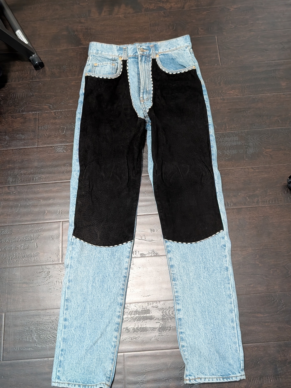 Vintage Et Vous High Waisted Jeans with Black Leather Suede Chaps Paneling